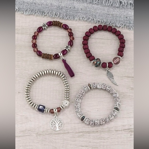 🌳 4 Pcs Tree of Life, Tassel Purple Charm  Beaded Bracelet Set NWT - Picture 3 of 6